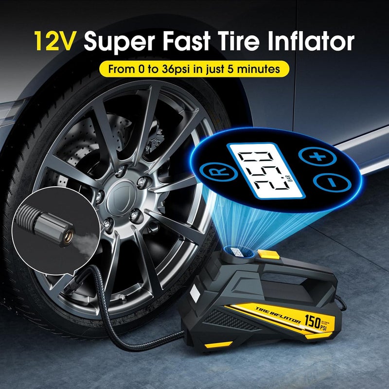 FLYKID Tire Inflator Portable Air Compressor- 12V DC Air Pump for Car Tires with 150PSI LCD Digital Gauge & Emergency LED Light,Auto Tire Pump for Cars,Motorcycles,Bikes,Balls - Image 3